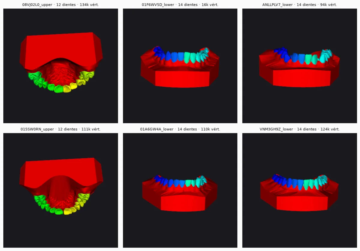 Evidencia del notebook 01: malla dental, etiquetas FDI y render volumétrico generado con VTK.