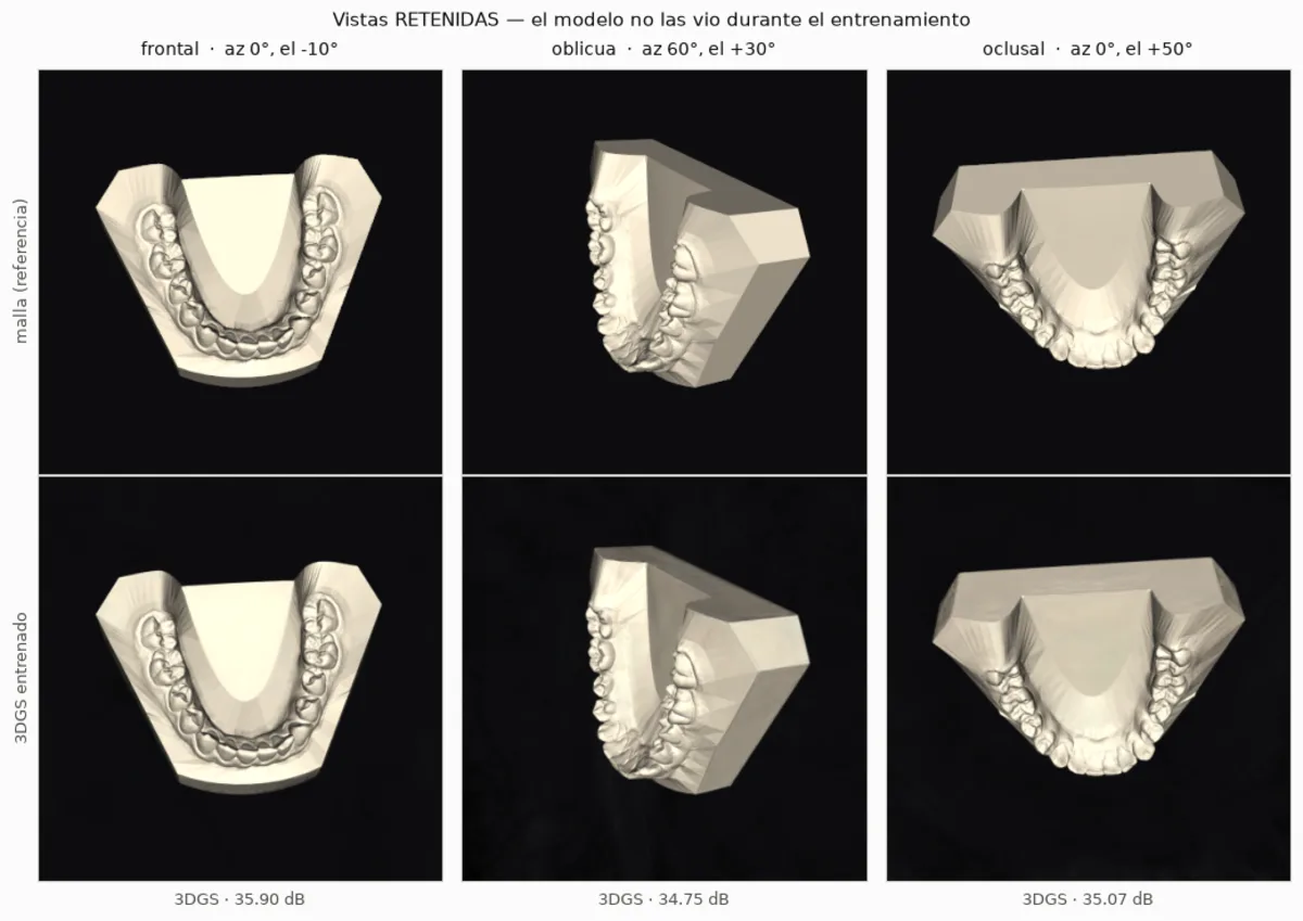 Evidencia del notebook 06: matriz de vistas retenidas y renderizadas por el modelo 3DGS denso.