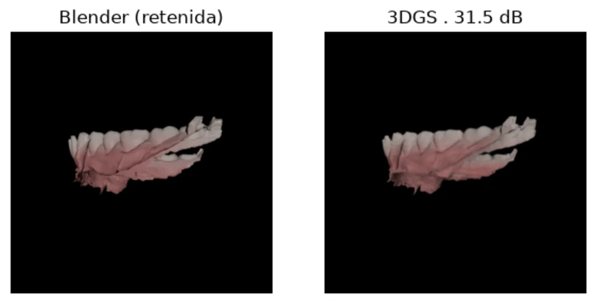 Evidencia del notebook 07: comparación entre vista retenida de Blender y render del modelo 3DGS entrenado.